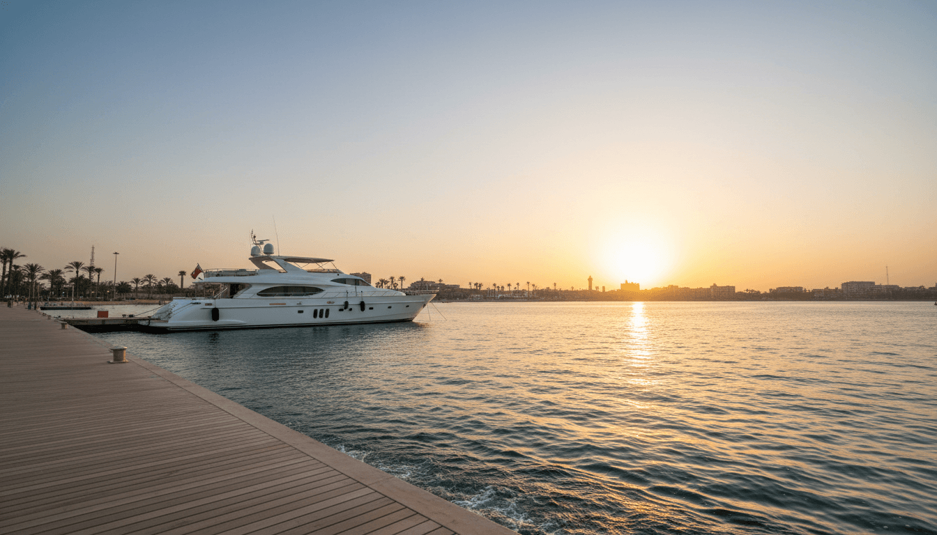 يخت BLU Event الخاص راسٍ في مياه الإسكندرية عند غروب الشمس