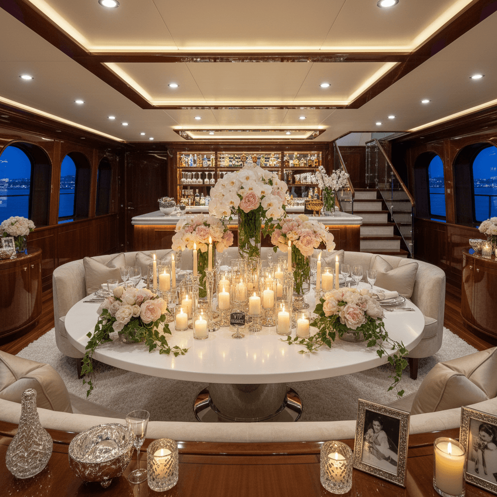 ديكور VIP داخل اليخت بالورود والشموع