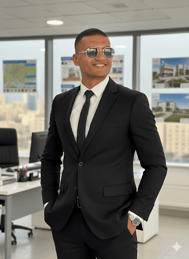 رجل يرتدي بدلة سوداء ونظارات شمسية يقف بابتسامة واثقة داخل مكتب عمل عصري ومشرق.
